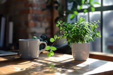 Fototapete - Home interior showcasing a vibrant potted plant in natural sunlight illuminating a cozy living space with wooden accents and greenery
