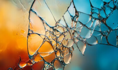 Wall Mural - A close-up view of cracked and shattered glass, capturing the intricate details of the fragments against a softly blurred blue and orange backdrop, evoking fragility and chaos