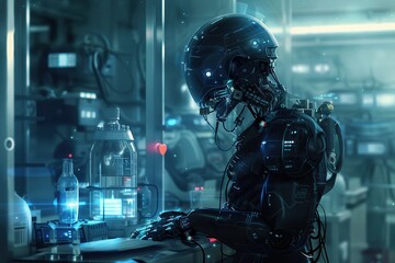 Leinwandbilder - Robotic figure interacting with advanced technology in a futuristic laboratory environment