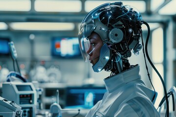 Leinwandbilder - Robotic figure interacting with advanced technology in a futuristic laboratory environment