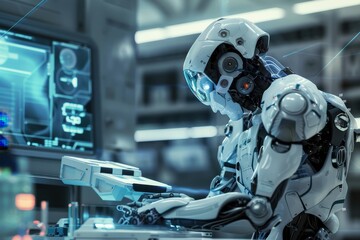 Leinwandbilder - Robotic figure interacting with advanced technology in a futuristic laboratory environment