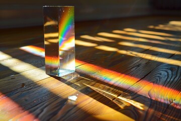 Poster - Light refracts through a glass prism casting vibrant rainbows on a wooden floor in a sunlit room during the afternoon
