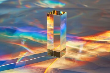Poster - Light refracts through a glass prism casting vibrant rainbows on a wooden floor in a sunlit room during the afternoon