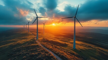 Aufkleber - Golden sunlight bathes a row of wind turbines on rolling hills. The vibrant sunset sky is filled with dynamic clouds, creating a peaceful atmosphere. A winding path leads through the greenery.