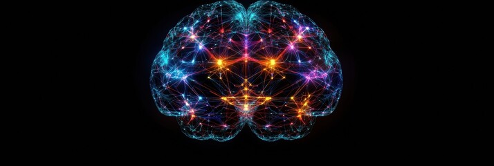Fototapete - Complex network of vibrant colors represents a digital brain, symbolizing the intricacies of neural connections and cognitive functions. Generative AI
