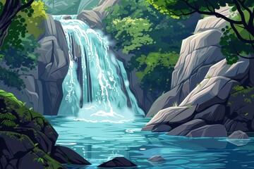 Wall Mural - Cascading waterfall in a serene landscape surrounded by rocks and lush greenery, with clear blue water reflecting the sky in daylight