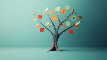 Fototapete - A tree with abstract branches features discount symbols and price tags instead of leaves, representing savings and shopping creativity. Generative AI