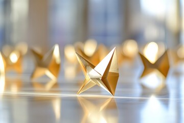 Poster - Shiny golden origami stars arranged neatly on a reflective surface illuminate the space with elegance and creativity during the day. Generative AI