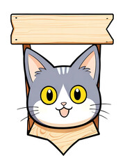 Sticker - Adorable Gray Cat Wooden Sign Illustration