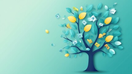 Fototapete - An abstract tree features branches adorned with discount symbols and price tags, creating a unique representation of savings and shopping. Generative AI