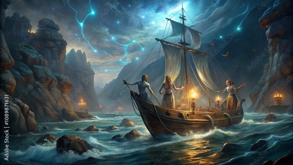 Odysseus tied to the mast of his ship, with sirens singing on rocks ...