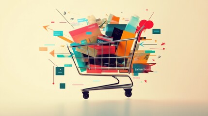 Poster - An abstract shopping cart filled with colorful geometric shapes and flowing lines, showcasing a blend of artistic perception and consumer themes. Generative AI