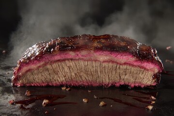 Canvas Print - Close-up of tender, juicy smoked brisket showcasing a deep pink smoke ring and a glossy glaze.