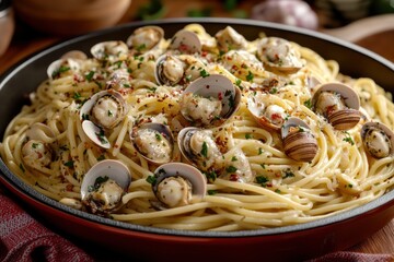 Poster - Delicious spaghetti with clams, garnished with parsley and red pepper flakes, served in a elegant bowl.