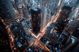 An overhead view capturing the bustling nature of a city's vibrant streets, filled with glowing lights and the fast-paced movement of city life around tall buildings.