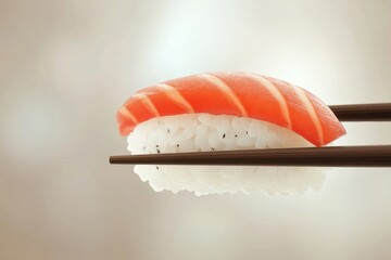 Canvas Print - Delicious sushi with fresh salmon, elegantly held by chopsticks against a soft, blurred background.