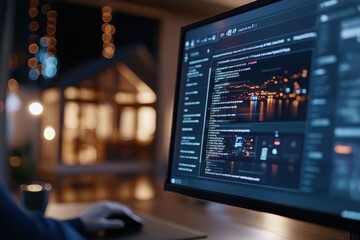 an individual intensely codes before a computer screen in a dimly lit space, contrasting a complex d