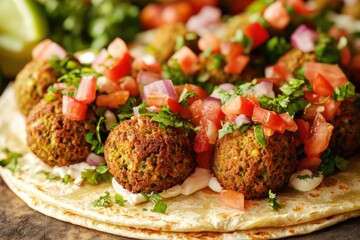 Sticker - Delicious vegetarian falafel served on flatbread, topped with fresh diced tomatoes, onions, and herbs.