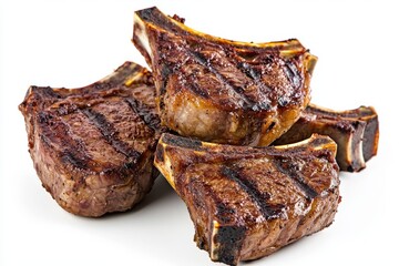 Canvas Print - Four perfectly grilled, juicy lamb chops stacked together, showcasing their rich sear and tender meat.