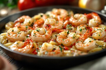 Wall Mural - A vibrant plate of shrimp pasta garnished with fresh herbs and spices, showcasing a delightful seafood meal.