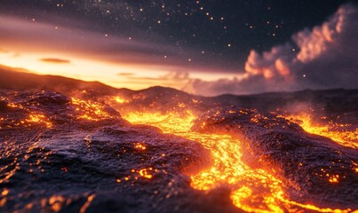 Wall Mural - stunning view of a glowing planet's surface with flowing lava and cosmic elements