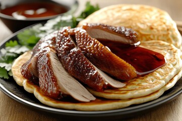 Sticker - Succulent slices of glazed duck served over soft pancakes, garnished with fresh herbs and drizzled with rich sauce.