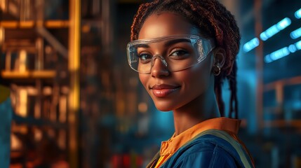Wall Mural - african american woman safety and occupational health specialist smiling confidently in an industria