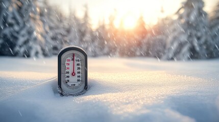 Poster - Thermometer in snowy winter landscape at sunset.