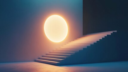 Poster - A staircase ascends toward a bright circular light against a dark wall, creating an ethereal atmosphere in a calm, minimalistic environment. Generative AI