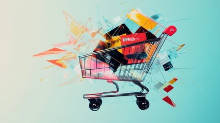 Aufkleber - Dynamic shopping cart made of geometric shapes and flowing lines illustrates modern retail and creativity in a vibrant setting. Generative AI