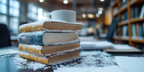 Wall Mural - A serene library environment with a cozy cup placed atop a stack of snow-dusted books, creating a peaceful and contemplative atmosphere