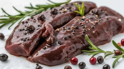 Canvas Print - Raw turkey liver with pepper peas and herbs on a clean white surface