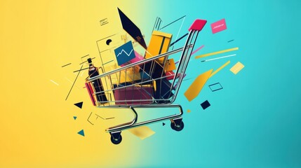 Aufkleber - A colorful, abstract shopping cart of geometric shapes on a vibrant background symbolizes modern commerce. Generative AI