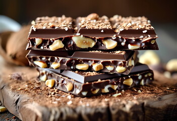 Delicious dark chocolate covered nuts and caramel on a wooden board