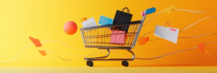 Poster - A shopping cart filled with colorful bags moves through a dynamic space created by geometric shapes and flowing lines against a bright background. Generative AI