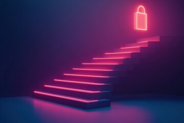 Poster - Neon pink lights outline stairs leading to a glowing padlock above, creating a modern and surreal environment at night. Generative AI