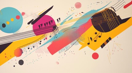 Aufkleber - Dynamic shapes visualize sound waves, blending musical notes and instruments in a bright and abstract artwork, inviting creative expression. Generative AI