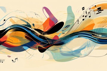 Poster - This artwork features a dynamic interplay of sound waves and musical notes, with instruments visually integrated amidst colorful swirling patterns. Generative AI