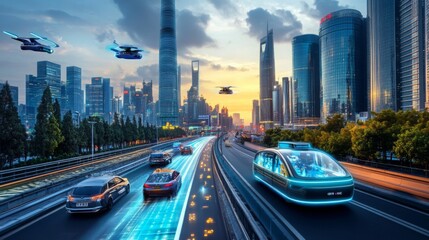 Aufkleber - A futuristic city with skyscrapers, flying vehicles, and autonomous cars driving on a highway.