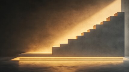 Fototapete - A sleek staircase bathed in warm light creates a striking focal point in a minimalist space, enhancing the evening atmosphere with its elegance. Generative AI
