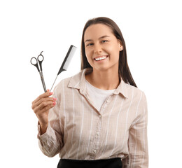 Wall Mural - Female hairdresser with scissors and comb on white background