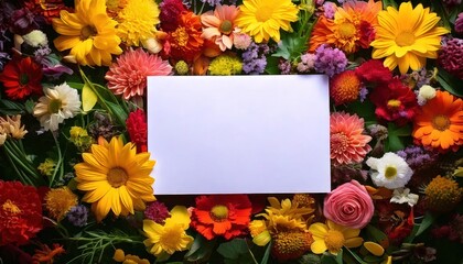 Cinemagraph-style footage of a blank card gently swaying in the breeze amid flowers 