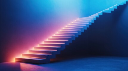 Leinwandbilder - A staircase with glowing edges in blue and pink light leads upward, creating a striking visual in a minimalist setting. Generative AI