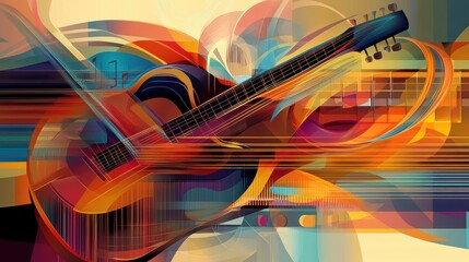 Poster - Colorful sound waves intertwine with musical notes and a guitar, creating an energetic and dynamic visual rhythm that invokes a musical atmosphere. Generative AI
