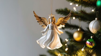 Wall Mural -  Christmas angel ornament with golden wings on decorated tree, festive holiday lights and baubles in background