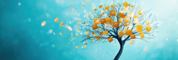Fototapete - Abstract tree branches with discount symbols and price tags as leaves create a unique, calming, shopping-themed landscape. Generative AI