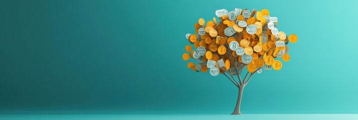 Fototapete - An abstract tree displays branches adorned with discount symbols and price tags, symbolizing commerce in a contemporary environment. Generative AI