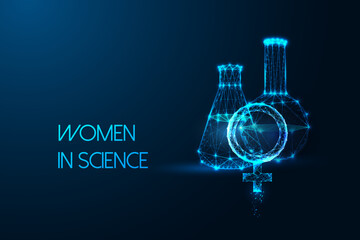 Wall Mural - Women in science futuristic concept with chemical beakers and female symbol on dark blue