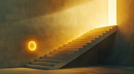 Poster - Staircase ascends towards a bright doorway, with soft light cascading down and a glowing orb adding warmth to the minimalist setting. Generative AI