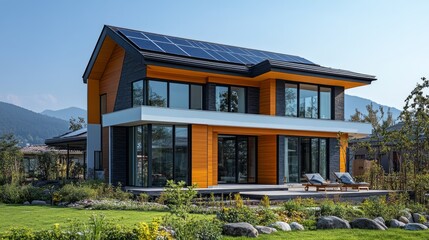 Poster - A contemporary two-story house featuring solar panels, large glass windows, and an inviting deck overlooks a vibrant garden amidst mountain scenery.
